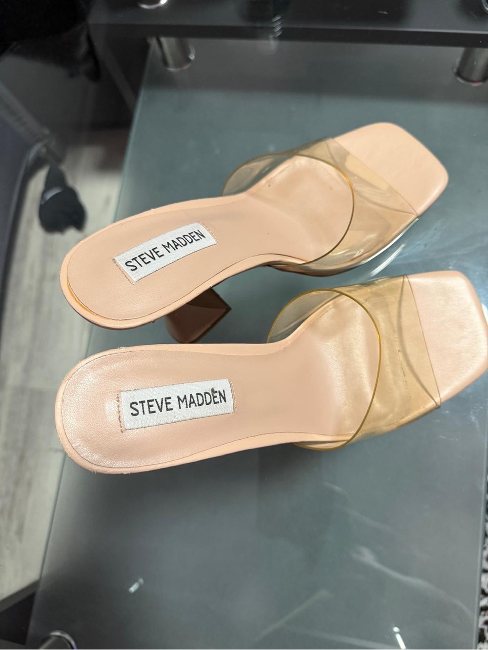 Steve Madden Nude Vegan Leather Footbed with Clear Strap Block Heel Mules